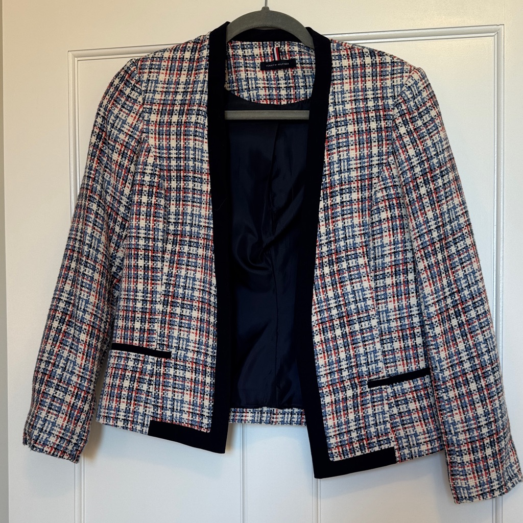 Tommy Hilfiger Navy And Red/Orange Tweed Plaid Blazer